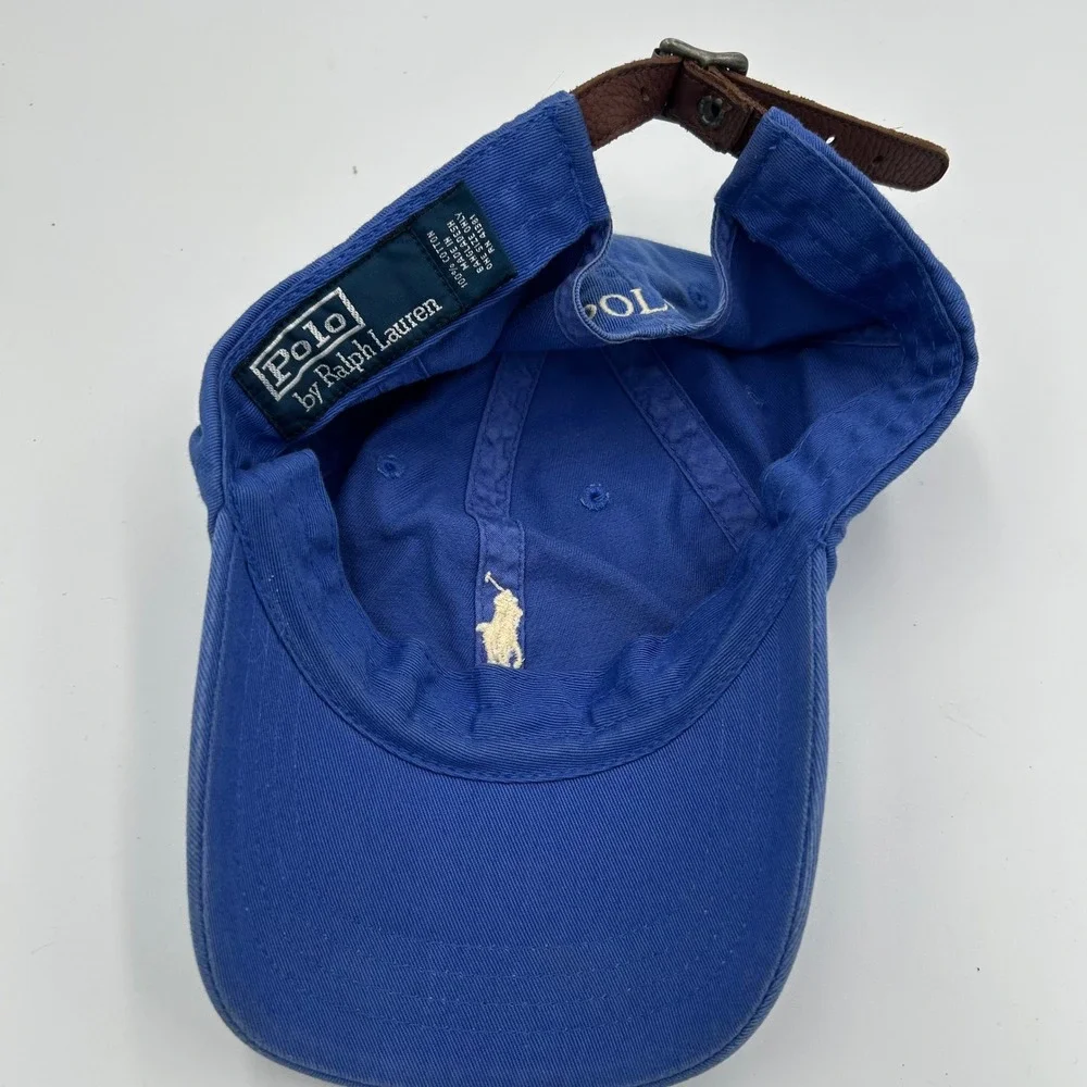 Polo Ralph Lauren Hat Mens OS Blue Leather Strapback Pony Logo Baseball Cap